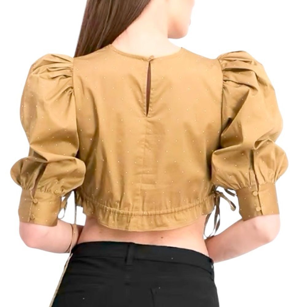 Danielle Bernstein puffed sleeve tan/gold cropped top white dots S.